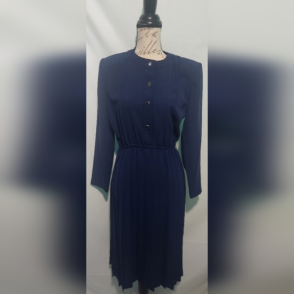 Vintage 80s Leslie Fay Blue Pleated Dress. Size 6 Petite. School teacher. - Picture 1 of 9